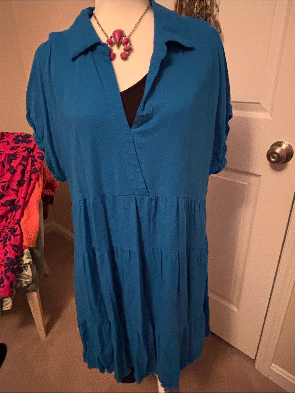 Umgee Teal Collared V-Neck Tiered Mini Dress
